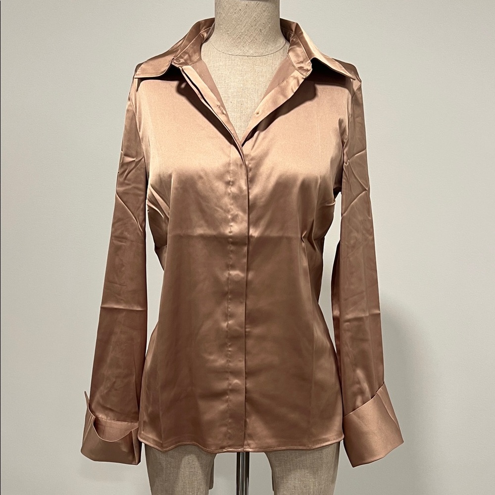 Boston Proper Satin Button Down Shirt in Tan